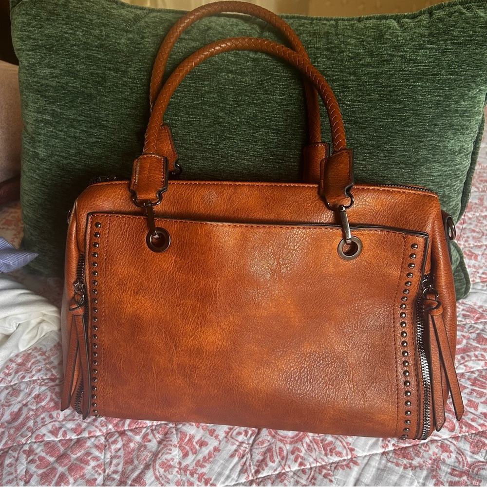 Sam & Hadley Brown Vegan Leather Satchel with Dual Top Handles Handbag